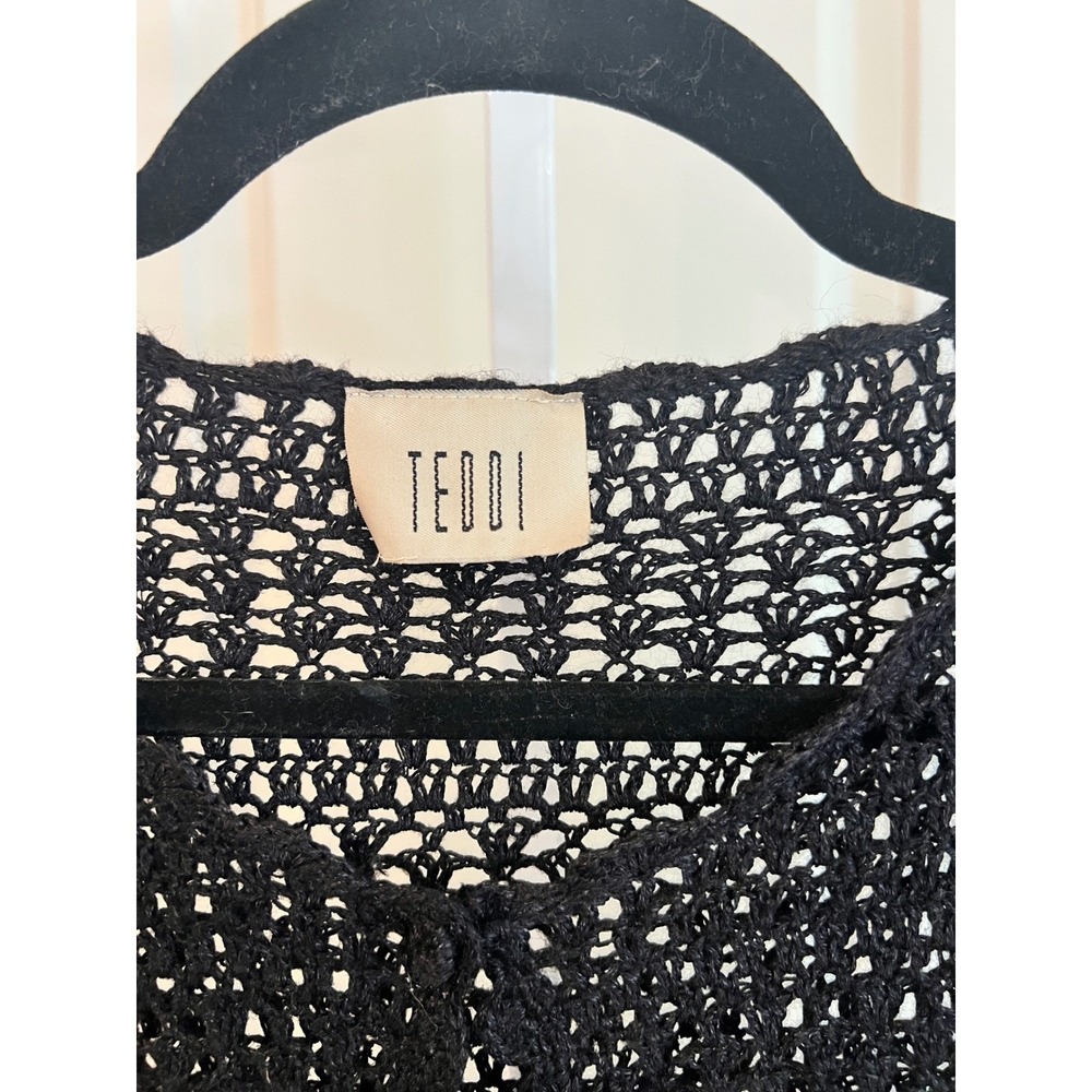 Vintage Teddi Black Crochet Knit Floral Embroidered Short Sleeve Cardigan Top - Picture 3 of 6
